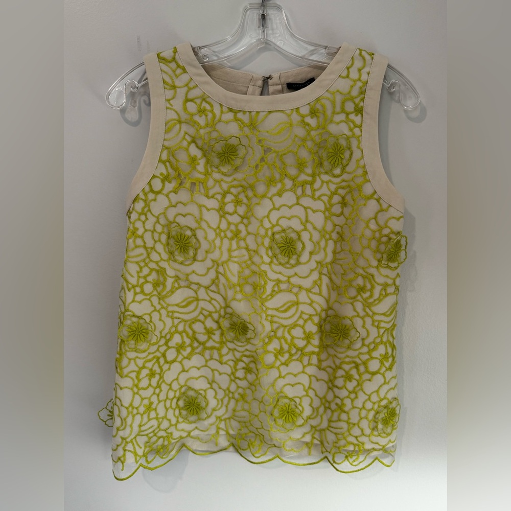 Ann Taylor mixed media top with sheer overlay appliqué floral chartreuse Small
